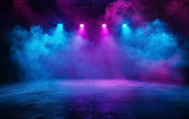 Naklejka premium Epic background for photography, dance floor with neon blue and purple spotlights, smoke in the air, with generative ai