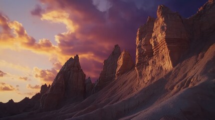 Naklejka premium Majestic Sunset Over Dramatic Rock Formations