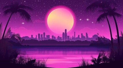 Fototapeta premium Tropical Cityscape Night Scene Underneath a Pink Moon