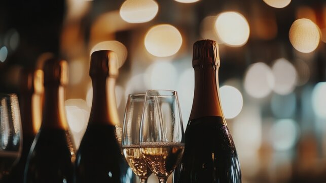 Close-up of champagne bottles and glasses in a dimly lit setting.