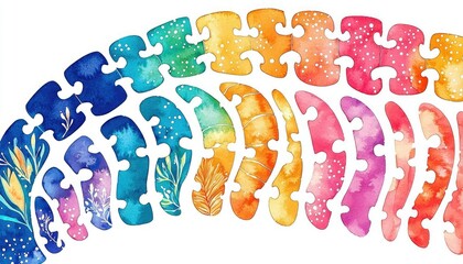 Naklejka premium A colorful arrangement of puzzle pieces in a gradient, showcasing vibrant hues and artistic designs, representing creativity and connection.