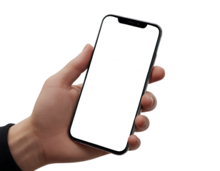 Hand holding a smartphone. Transparent mobile screen mockup. No background.
