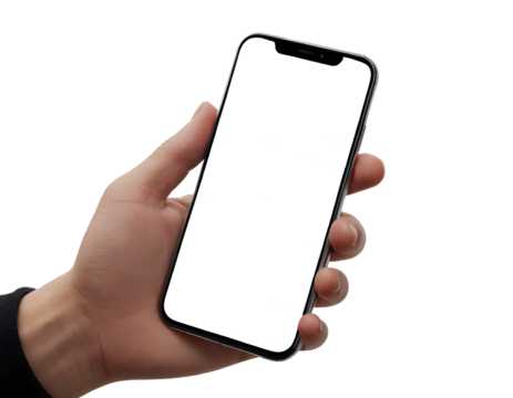 Hand holding a smartphone. Transparent mobile screen mockup. No background.
