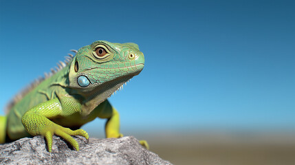 Obraz premium Vibrant green iguana perched on a rock basking under a clear blue sky showcasing its unique beauty and intricate features