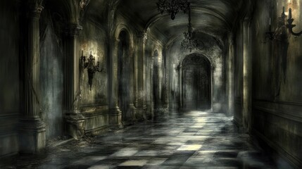 A dark and gloomy hallway with broken light fixtures, evoking feelings of isolation and negative energy.