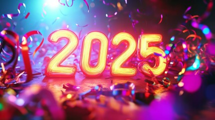Neon 2025 New Year's Eve celebration. Bright, colorful confetti and vibrant lights.