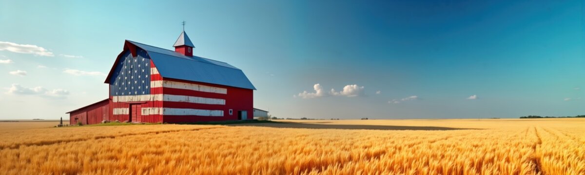 Red barn painted with American flag design stands in golden wheat field under clear blue sky. Rural landscape. Patriotism theme. Great for memorial day Independence day. Perfect for agricultural,