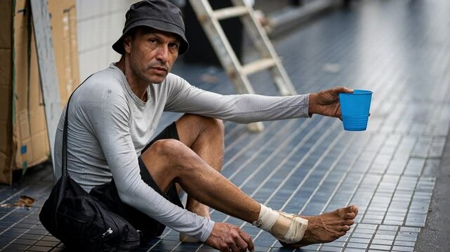 A man sits on a tiled sidewalk wearing a dark bucket hat and gray shirt, holding a blue cup, with a bandaged ankle and a black bag, embodying urban struggle.