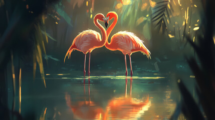 a couple of flamingos standing close together in a shallow lagoon, their reflections shimmering in the water. Shimmering Lagoon. Illustration