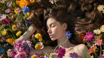 Naklejka premium serene young woman with long hair lies among vibrant flowers, embodying tranquility and beauty in nature. Her peaceful expression enhances floral backdrop