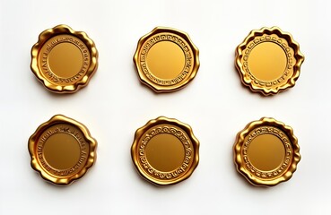 Vintage golden seals stamps set isolated on white background. Antique round seals with ornate designs. Classic design. High quality retro collection of seals. Different seals. Different sizes shapes.