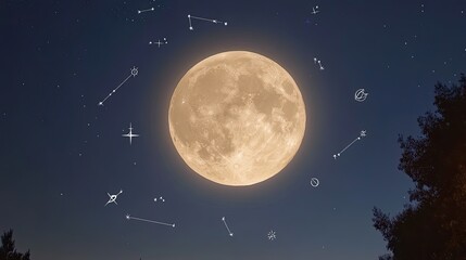 A glowing full moon surrounded by astrological signs in the night sky, creating an ethereal and mystical atmosphere.