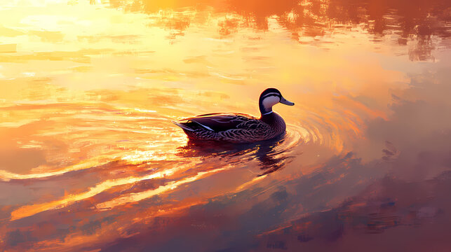 A marbled duck gliding peacefully across the golden waters of fuente de piedra lagoon at sunset, its reflection shimmering in the soft light. Shimmering Lagoon. Illustration