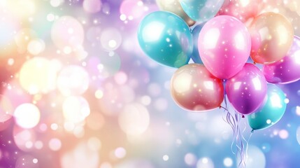Pastel-colored balloons float against a dreamy bokeh background.