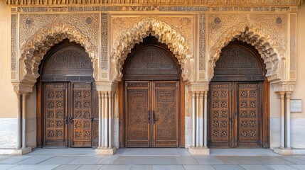 Obraz premium A grand mosque entrance with elaborately carved wooden doors and ornate arches.