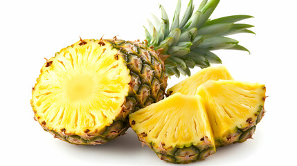 Fresh Pineapple Slices and Whole Pineapple on White Background