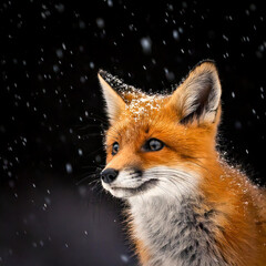 A fox cub is watching the snow fall as winter arrives