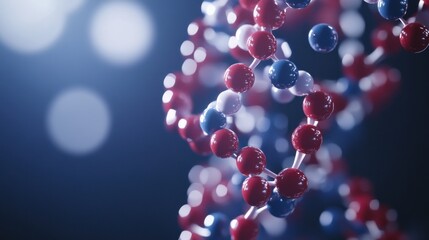 Abstract Representation of a DNA Molecule, Close-Up View of Double Helix Structure with Red, White, and Blue Spheres, Depicting Genetic Code