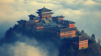 A hilltop temple surrounded by mist and clouds, creating an ethereal and tranquil mood.