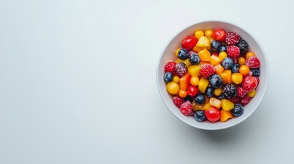 Colorful frozen fruit mix in a white bowl. A healthy and refreshing treat.