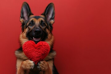 Obraz premium Cute german shepherd doggy with fluffy red heart - sign of love, funny greeting card. Promotion conceptual art. German shepherd - my preferred dog. Romantic dog valentines. Heart and dog.