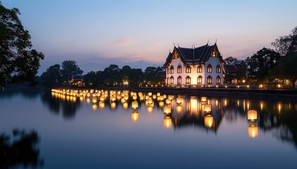 Naklejka premium A serene evening scene featuring a beautifully lit house by a calm river, surrounded by glowing lanterns and a tranquil atmosphere.