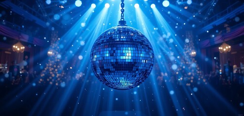 Disco Ball Hanging in a Blue Lit Ballroom