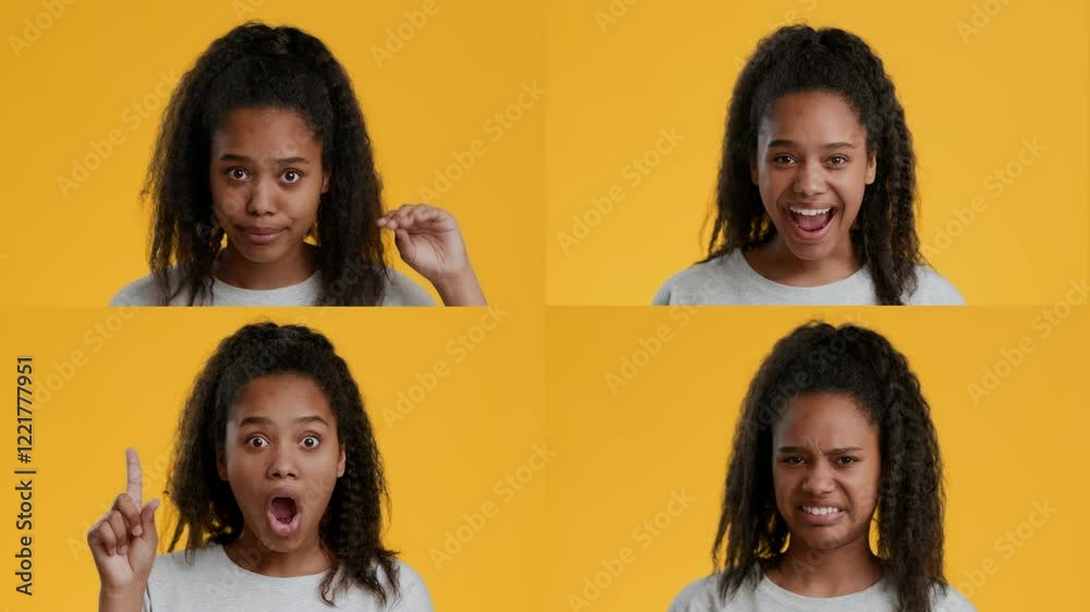 Poster a collage features a young person displaying four distinct emotions against a vibrant yellow backgro