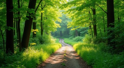 Fototapeta premium Dirt road that is surrounded by trees and grass