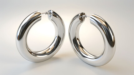 A pair of elegant silver hoop earrings with a shiny finish, isolated on a white background.