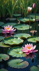 Lily pads in a pond with water lillies and a single flower