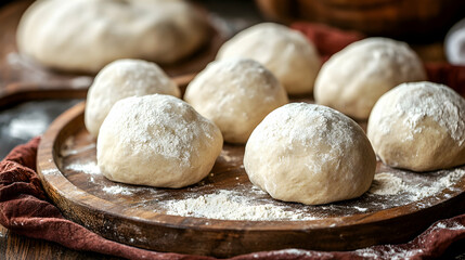 Fototapeta premium Freshly Kneaded Dough Balls on Wooden Board with Flour Dust