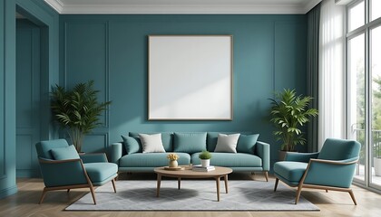 Teal Living Room Featuring Modern Sofa And Armchairs
