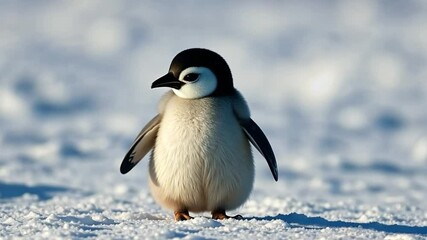 A cute duckling stands on a flat surface, fluffy yellow feathers and pale orange beak. Its wide stance contrasts a blurred grassy background under a sunny sky.