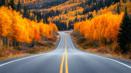 Fototapeta premium Scenic Autumn Road Surrounded by Vibrant Orange and Yellow Trees
