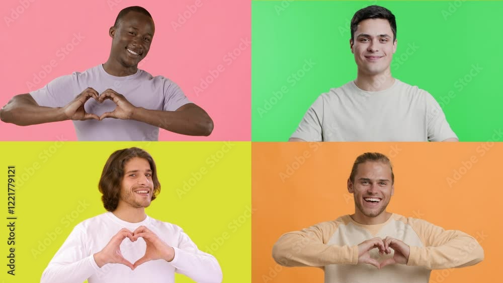 Poster Four multiracial people showcase a variety of emotions, using gestures like heart-signs against bright, colorful backgrounds. Their diverse expressions highlight unity and joy.