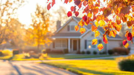 Autumnal House in Warm Sunlight, Fall Leaves, Dreamy Suburban Scene