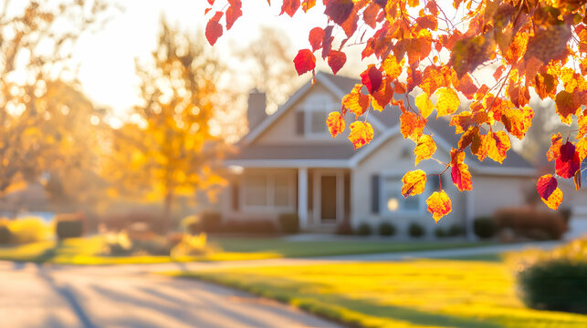 Autumnal House in Warm Sunlight, Fall Leaves, Dreamy Suburban Scene
