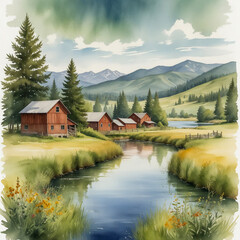 Fototapeta premium watercolor illustration of St. Maries, Idaho, showcasing its rustic small-town charm and the natural beauty of the surrounding landscape