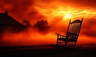 Rocking Chair at Sunrise Foggy Landscape Photography