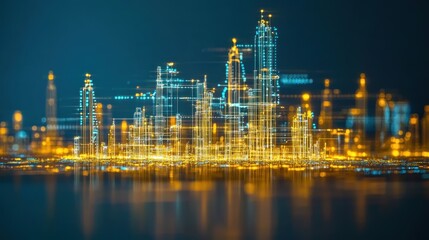 Digital Cityscape Illuminated At Night Glowing Brightly