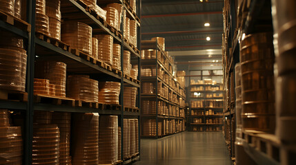 Fototapeta premium Warehouse Inventory: Rows of Pallets and Shelves Filled with Brown Goods