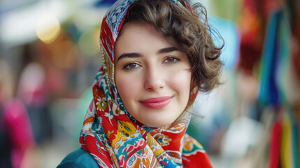Fototapeta premium young woman with curly hair wearing colorful scarf, smiling warmly in vibrant market setting. background features blurred market stalls and colorful decorations