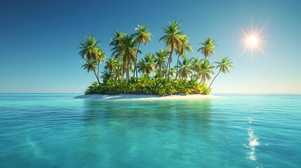 Tranquil Tropical Island with Lush Palm Trees and Clear Blue Water
