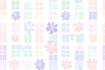 Seamless floral pattern with gingham elements and abstract shapes. Soft pastel tones with clear edges.