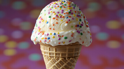 Colorful Ice Cream Cone with Sprinkles on a Pink Background