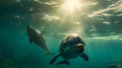 Fototapeta premium Radiant Dolphins: Underwater Sunlit Dance