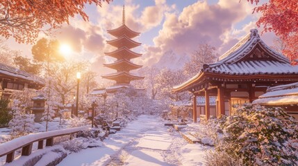 A snow-covered temple roof in a winter landscape, with a peaceful and serene atmosphere.