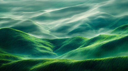 Serene green hills under soft misty skies.
