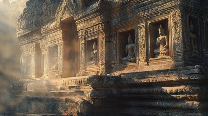 A stone temple altar with intricate carvings, bathed in the soft light of early morning, symbolizing sacred worship.
